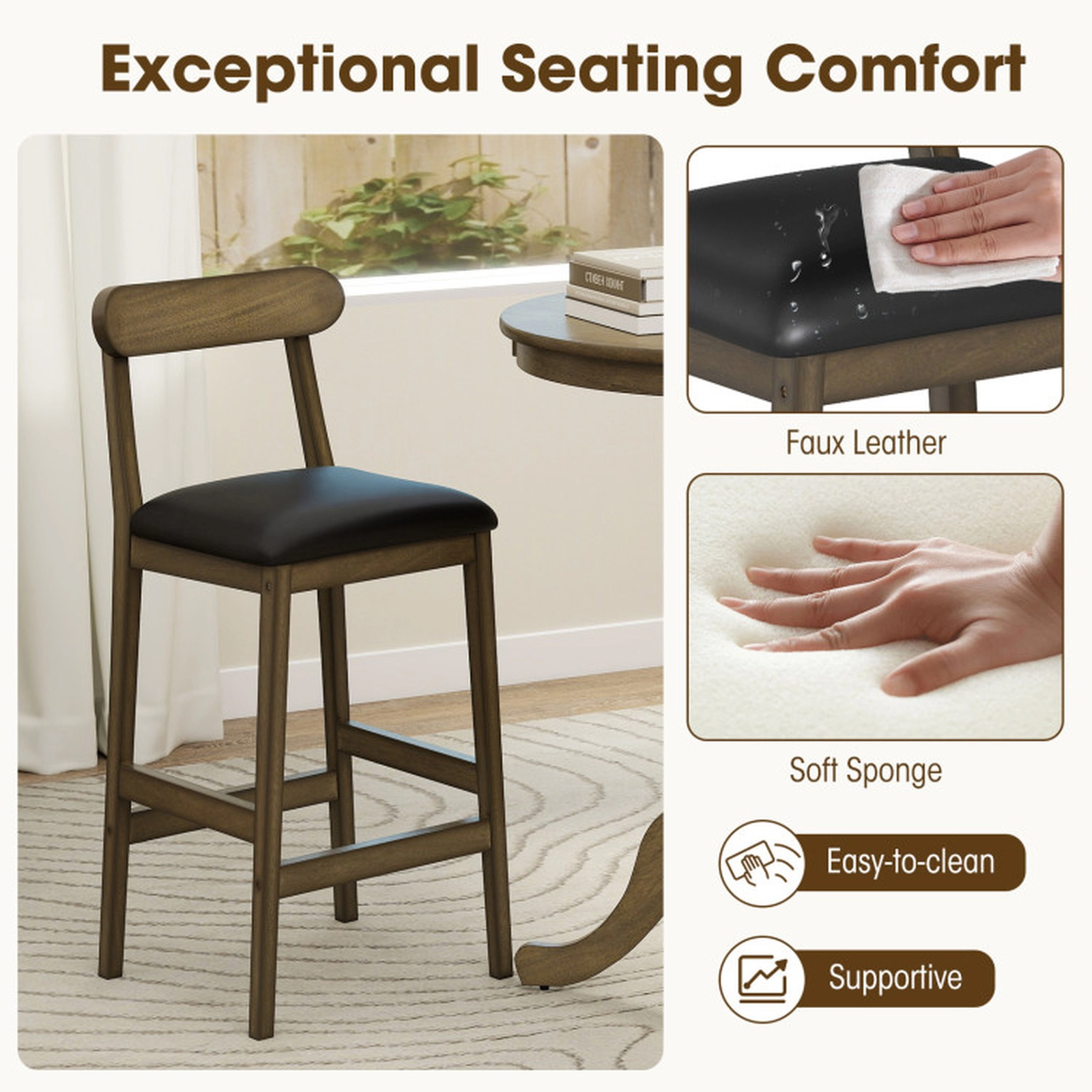 SUGIFT Upholstered Bar Stools with Curved Backs and Footrests 330-lb Capacity 29.5-in Seat Height Oak + Black