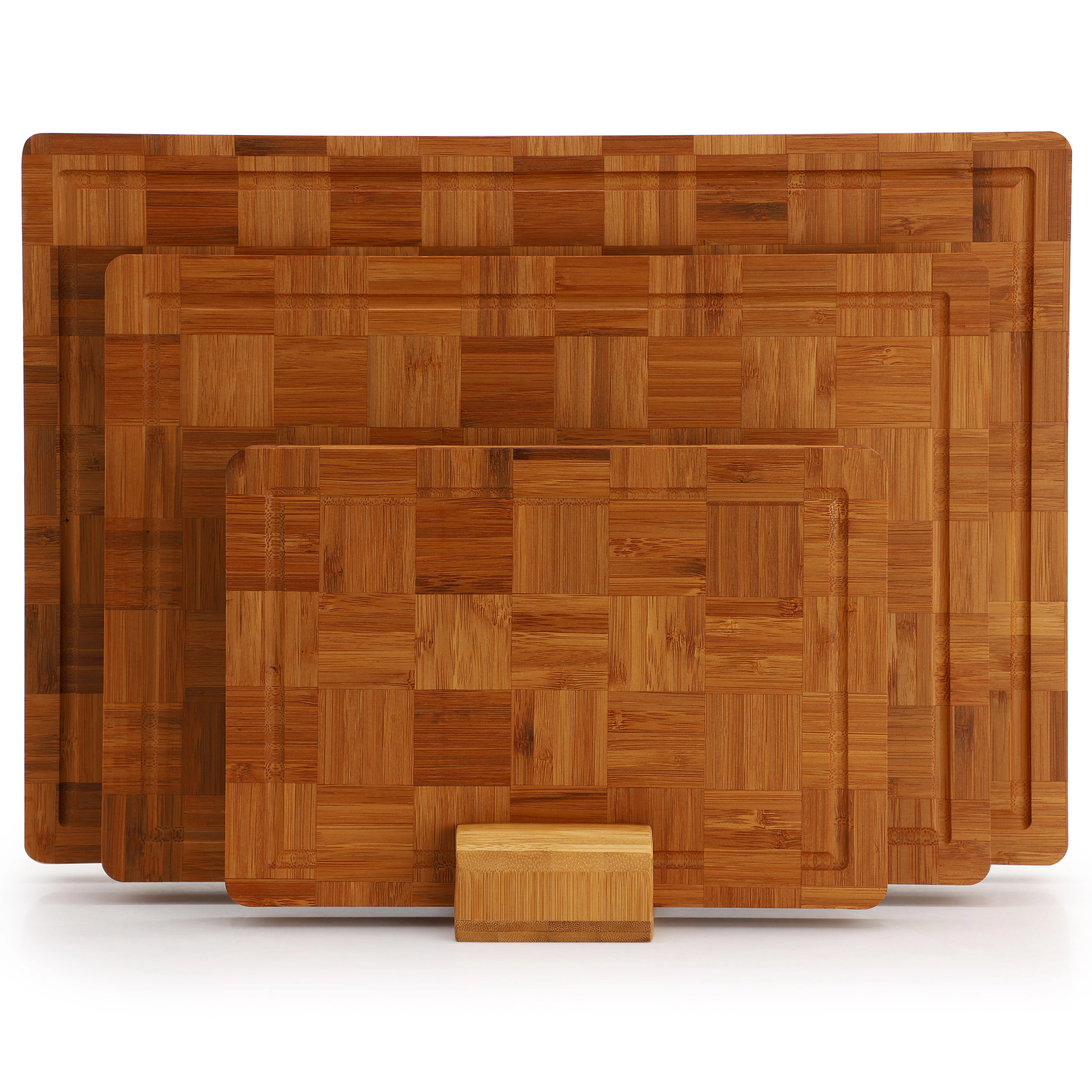 MegaChef 3 Piece Bamboo Checkered Pattern Cutting Board Set with Storage Holder