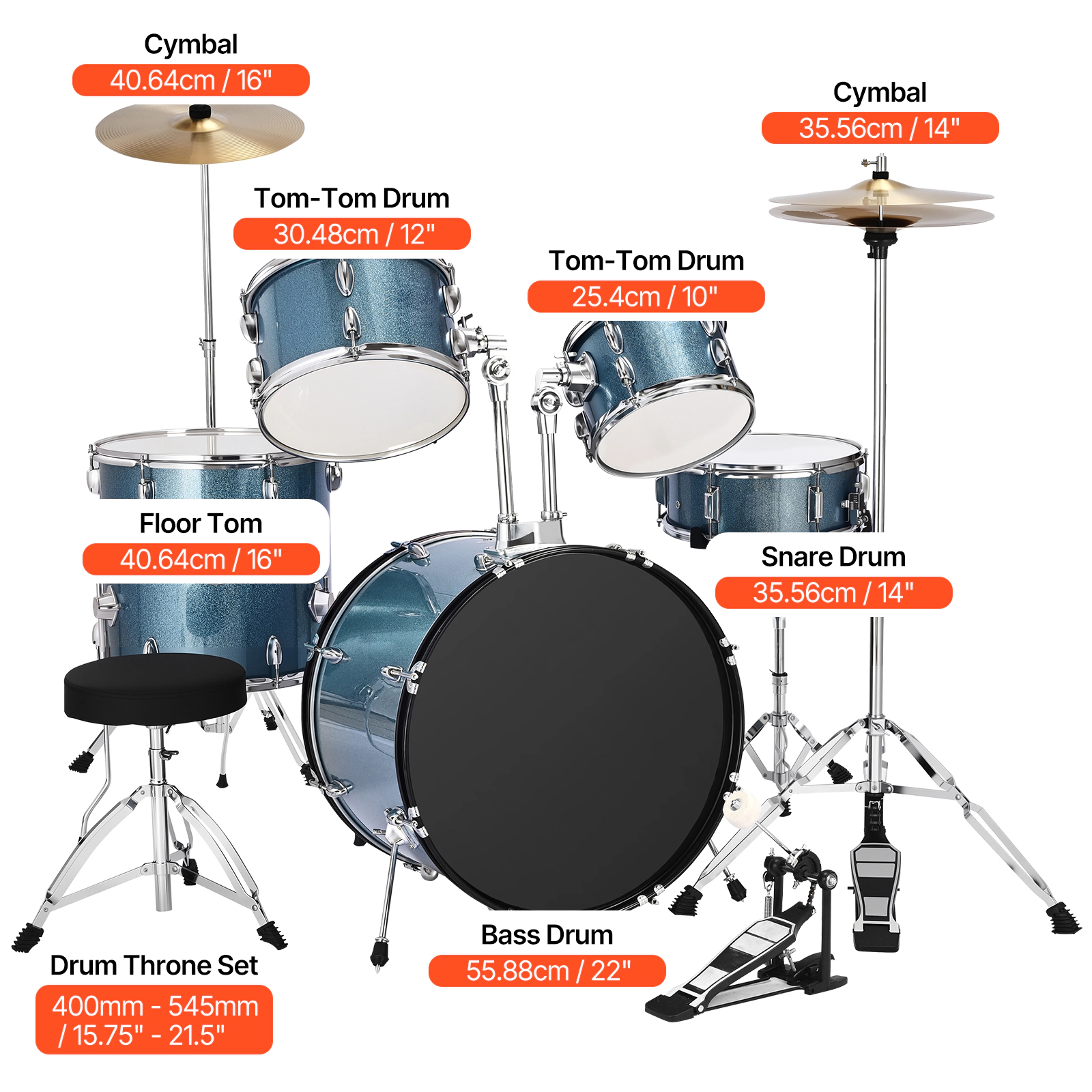 HONGGE Kids Drum Set Junior Drum Sets Beginner Drums Set with Adjustable Throne Cymbal & Two Pairs of Drumsticks
