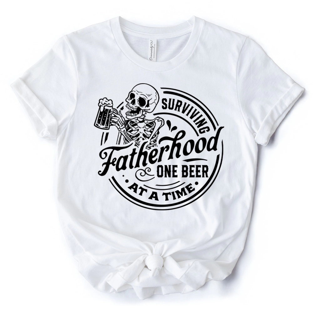 OrnamentallyYou Mens Surviving Fatherhood Skeleton Beer T-Shirt