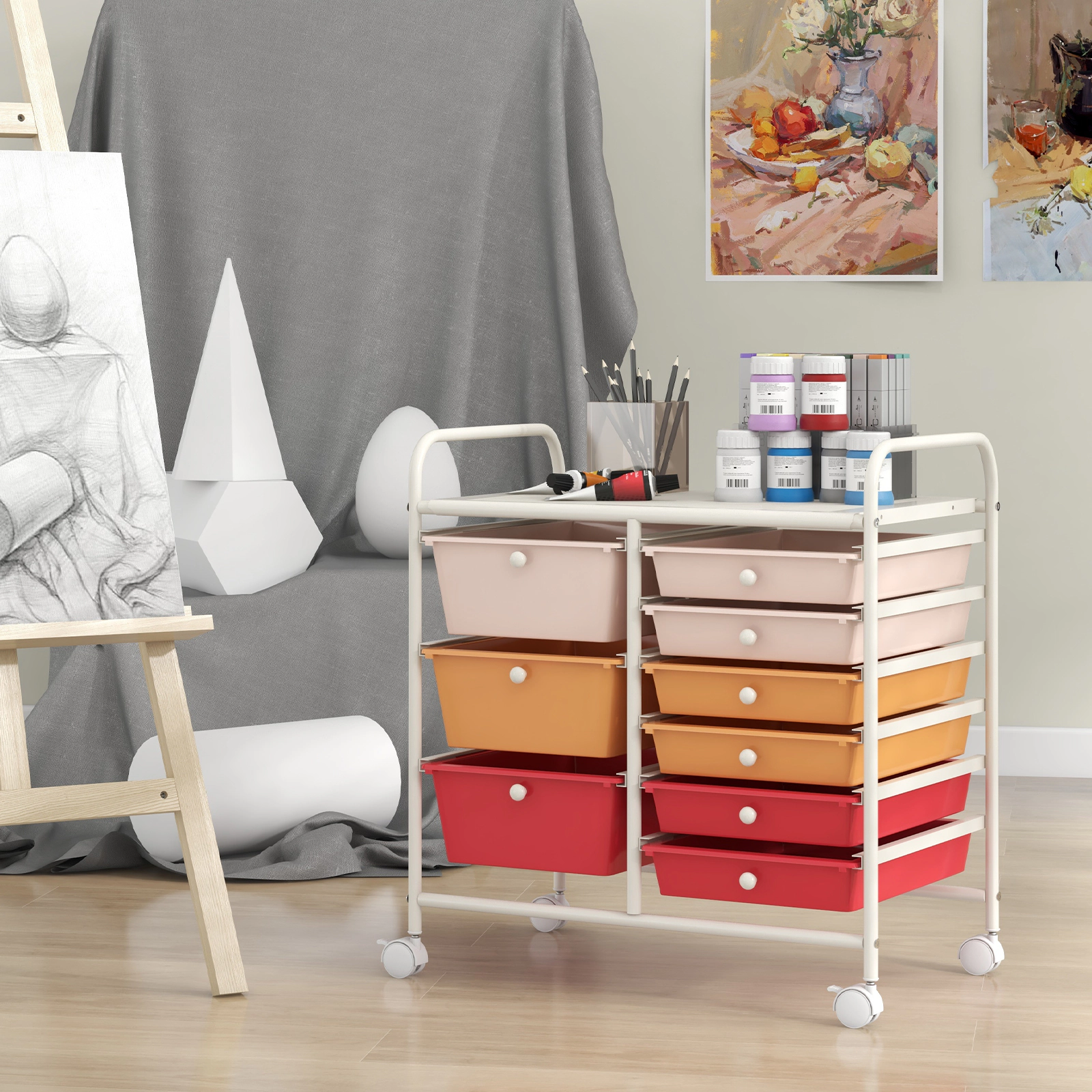 SUGIFT Light Pink 9-Drawer Rolling Storage Cart with Metal Frame 25-in W 14.5-in D 24.5-in H 22-lb Tabletop