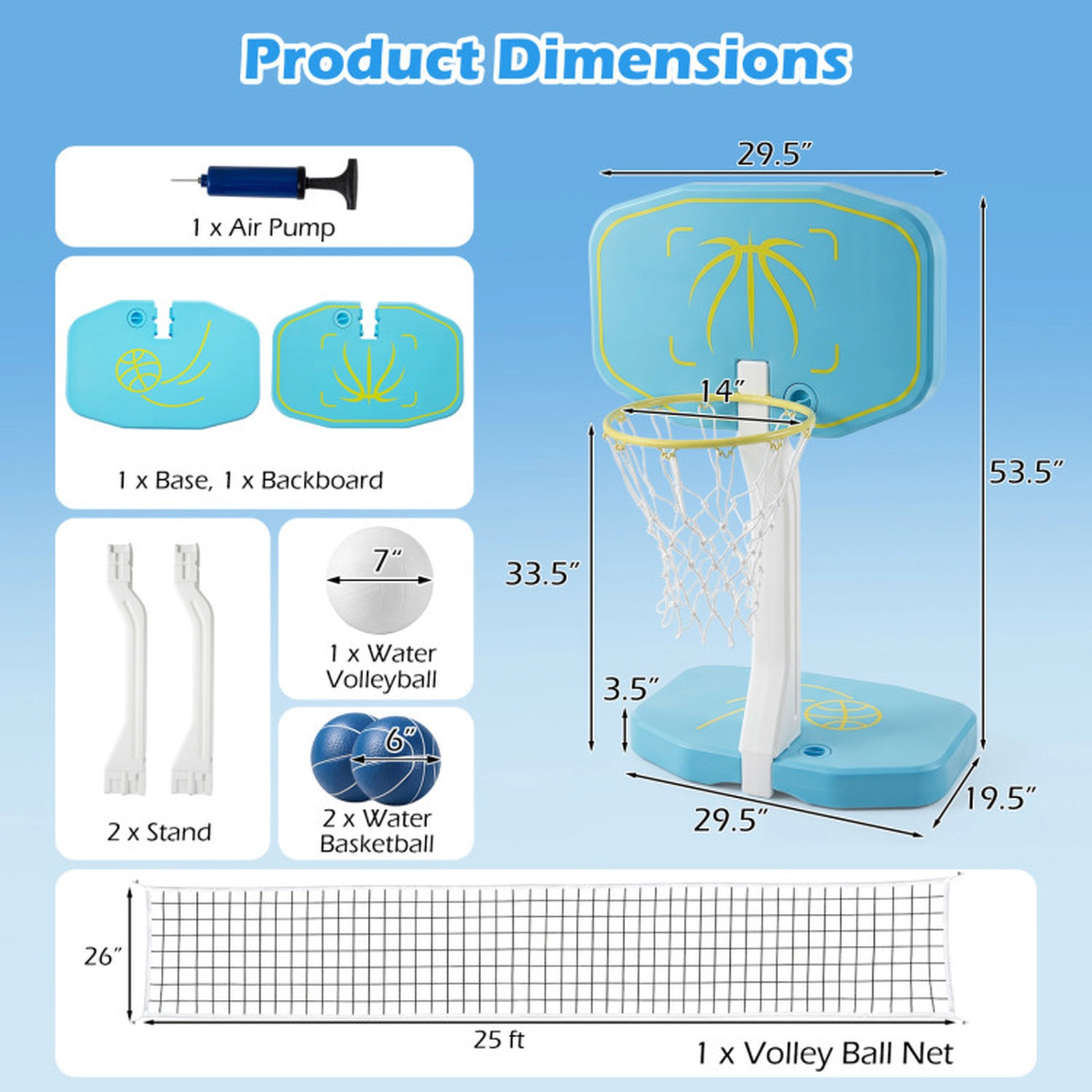 SUGIFT 2-in-1 Pool Basketball Hoop and 25-ft Volleyball Net Set with Weighted Base and Air Pump