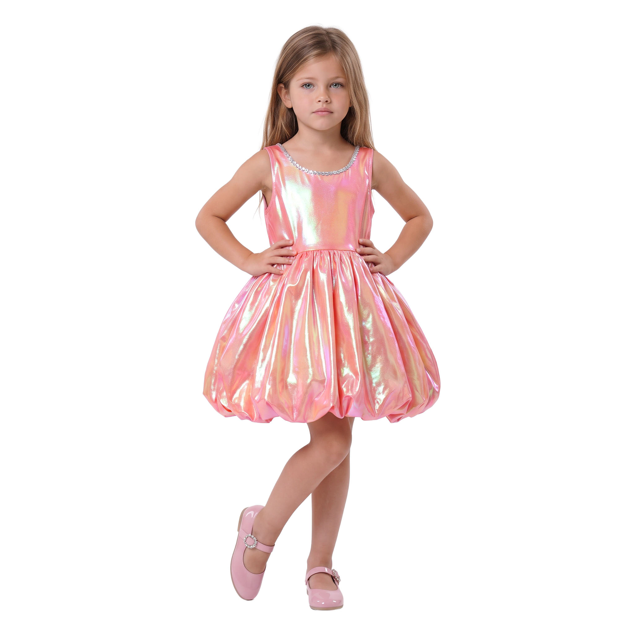 2Bunnies Girls 4T-10Y Iridescent Metallic Bubble Hem Sequin Neckline Party Dress