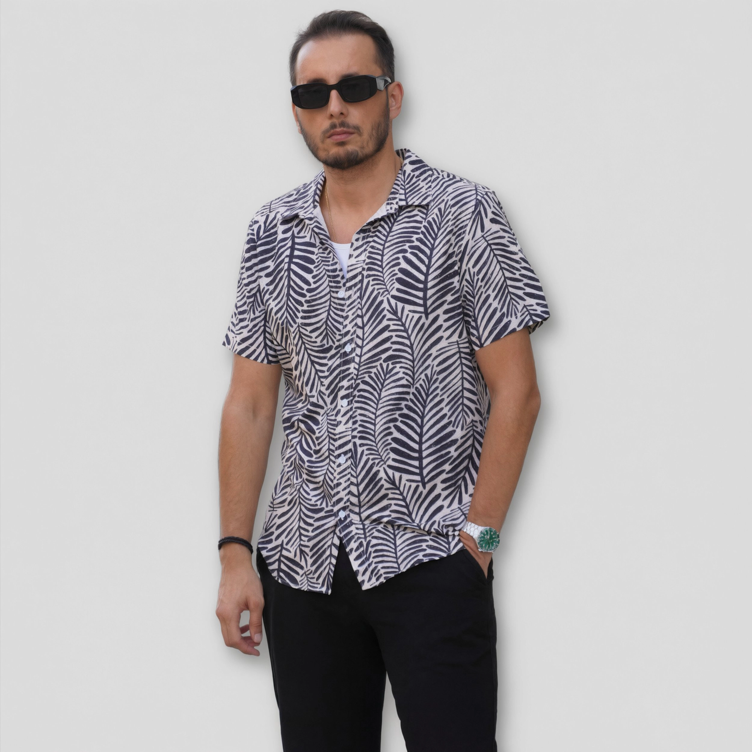 COOFANDY Mens Tropical Leaf Print Shirt Short Sleeve Camp Collar Button Down Tops