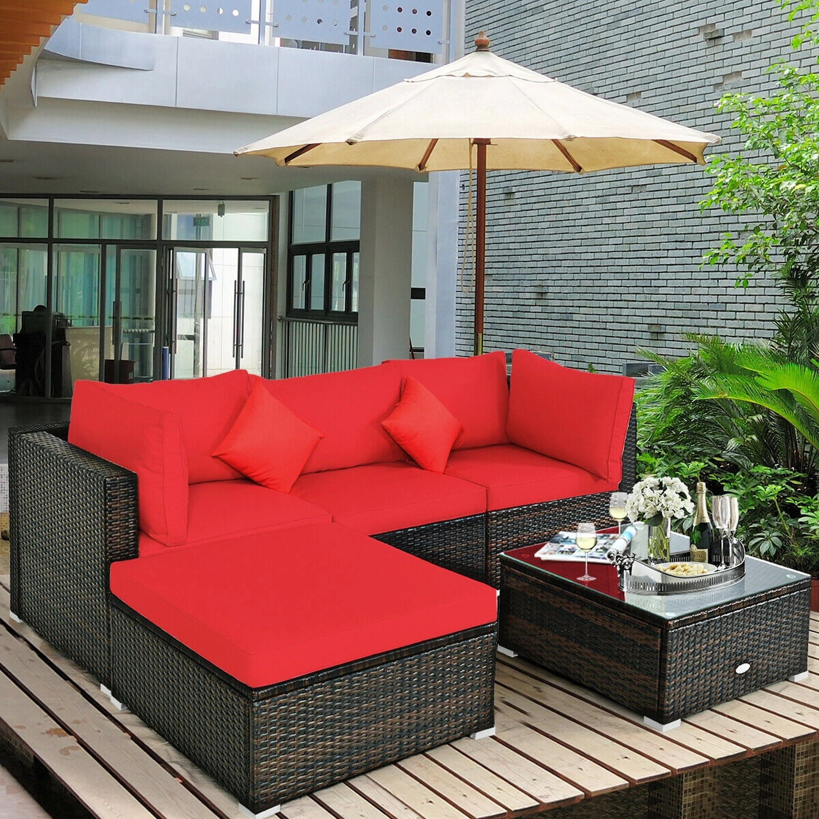 SUGIFT 5-Piece Red Rattan Patio Sectional Set with Corner Sofas, Armless Sofa, Ottoman and Coffee Table