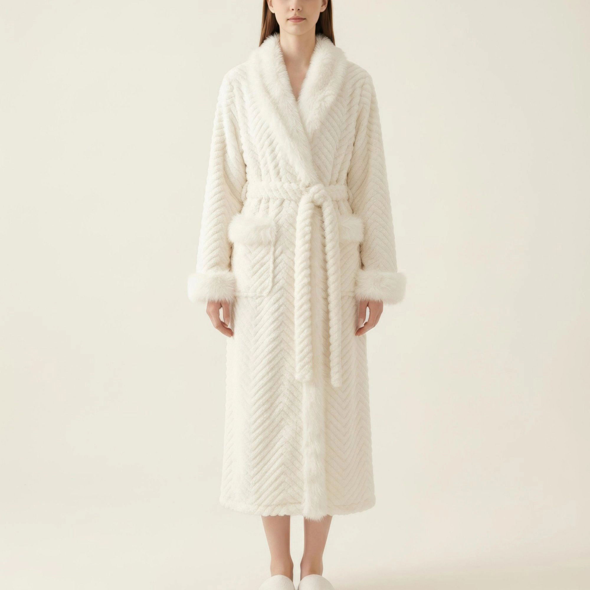 Anna-Kaci Women's Plush Long Robe with Faux Fur Trim Shawl Collar Tie Waist Belt Textured Soft Warm Full Length