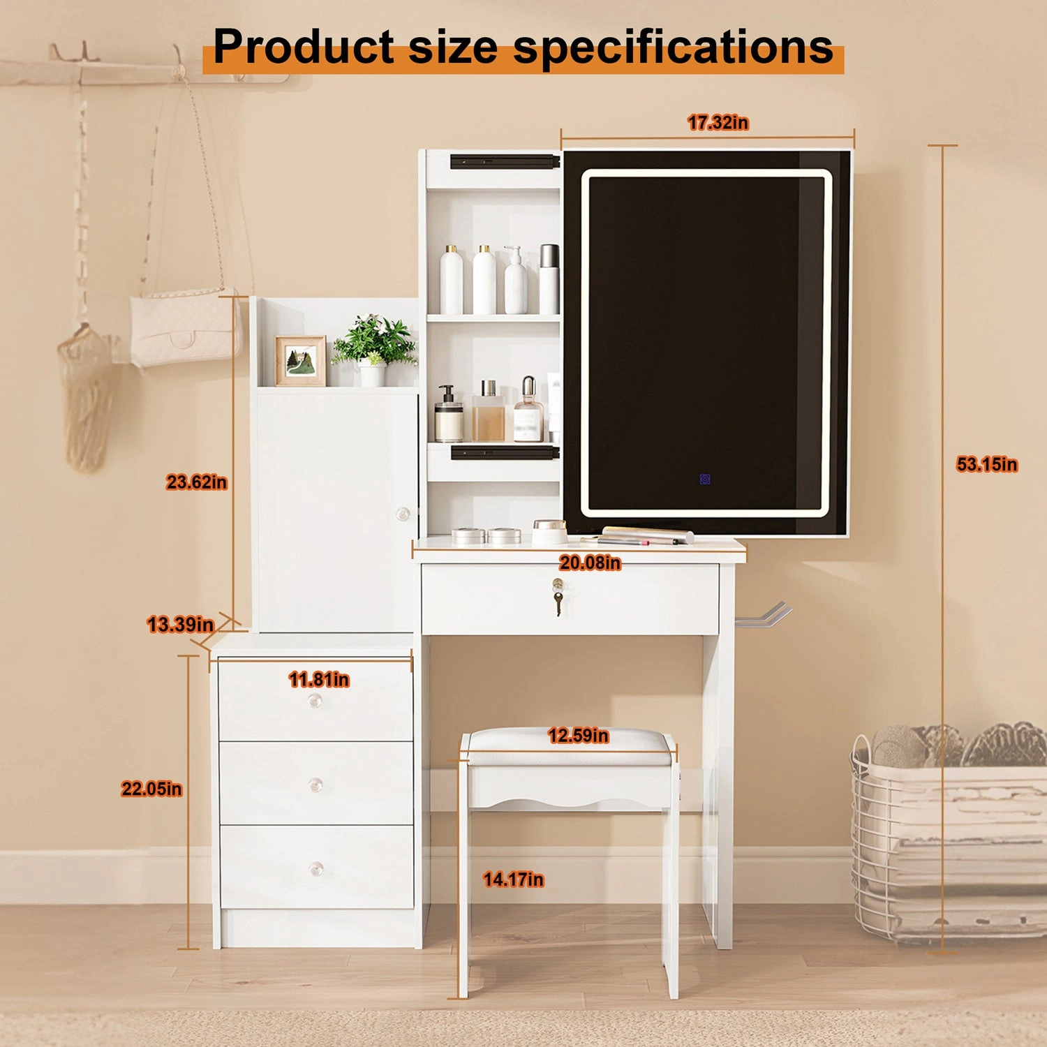 GBruno White Vanity Desk Set With LED Mirror & Stool