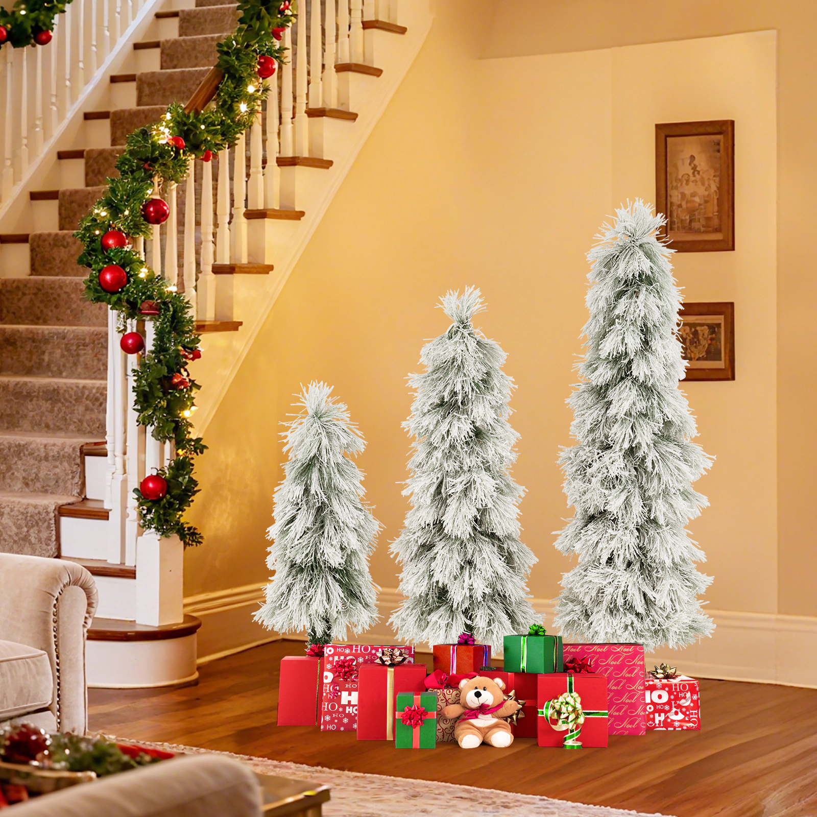 LJG Artificial Christmas Tree Set of 3 with Snow-Flocked Branch Tips and LED Lights