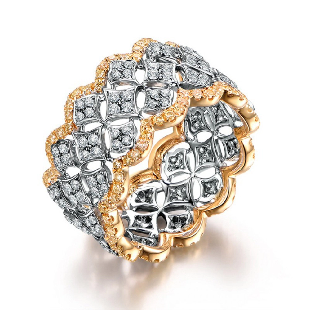 Wardrobe Whimsy Two‑Tone Gold Silver Clover Cubic Zirconia Wide Band Statement Ring