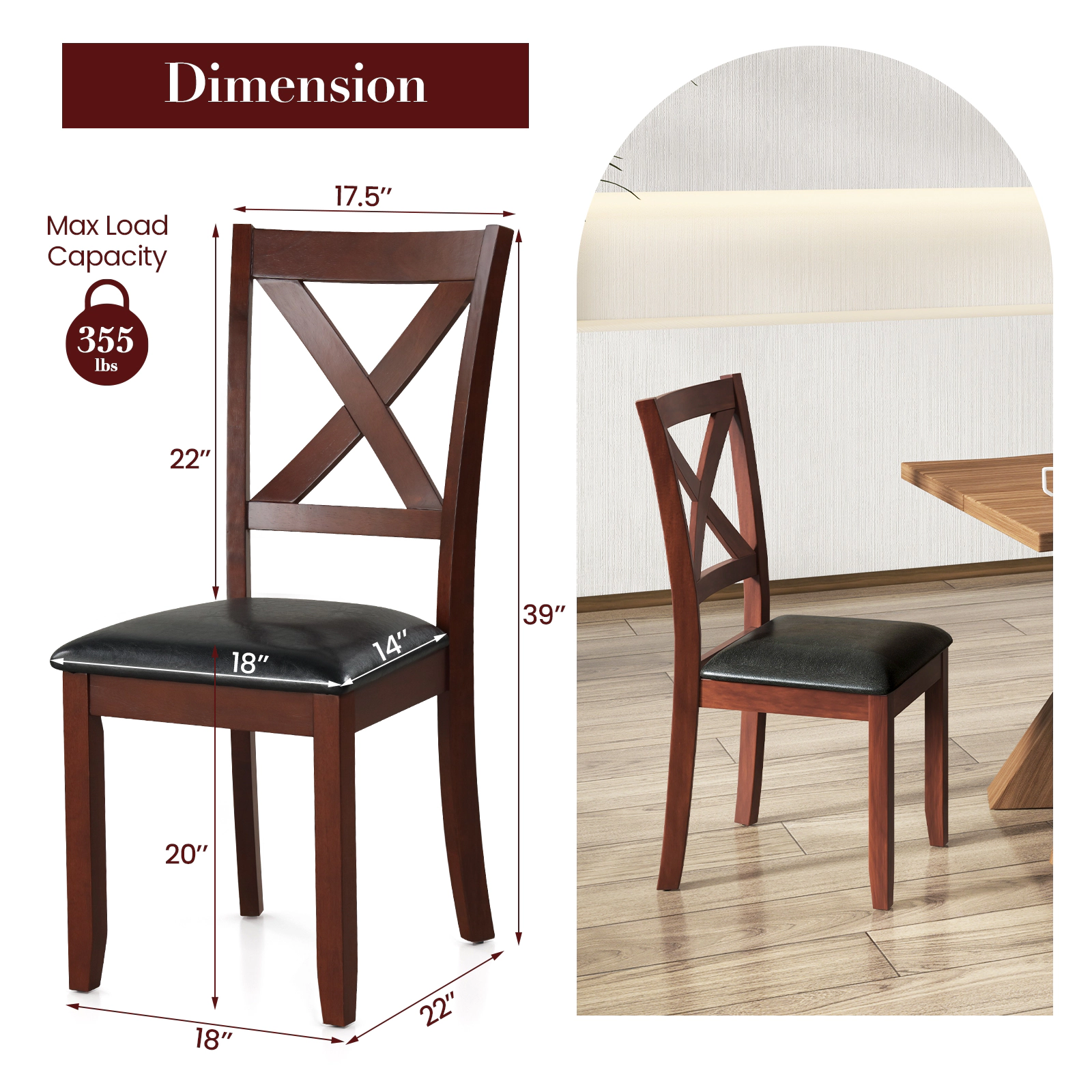 SUGIFT Set of 2 Wooden Kitchen Dining Chairs with Padded Seat and Rubber Wood Legs 355-lb Capacity Brown and Black