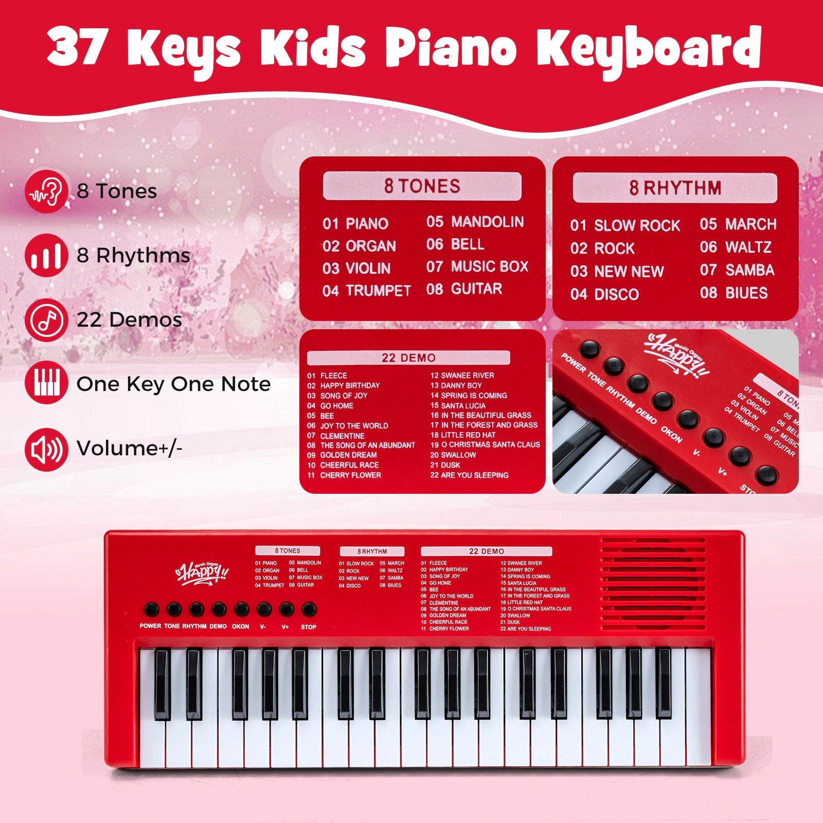 SUGIFT Kids Red 37-Key Electric Keyboard Piano with Microphone and USB Cable 16-in W 6-in D 1.5-in H Ages 3+