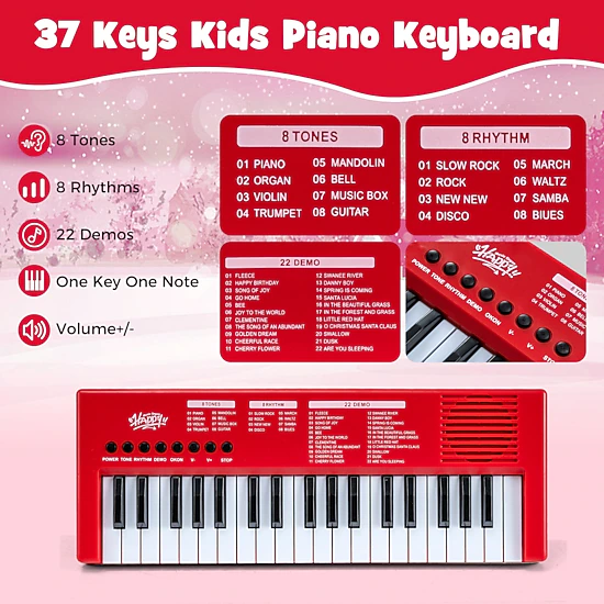 SUGIFT Kids Red 37-Key Electric Keyboard Piano with Microphone and USB Cable 16-in W 6-in D 1.5-in H Ages 3+
