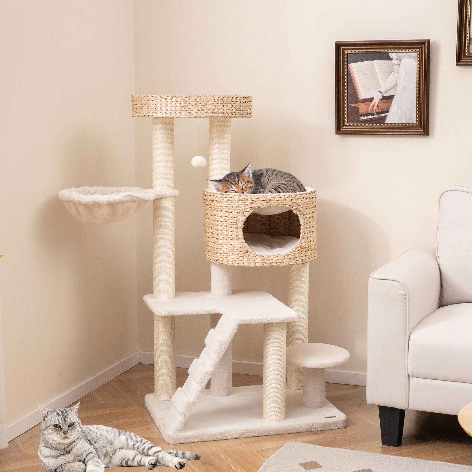 SUGIFT 50 in Modern Cat Tree Natural with Cattail Fluff Condo Hanging Basket and Top Perch