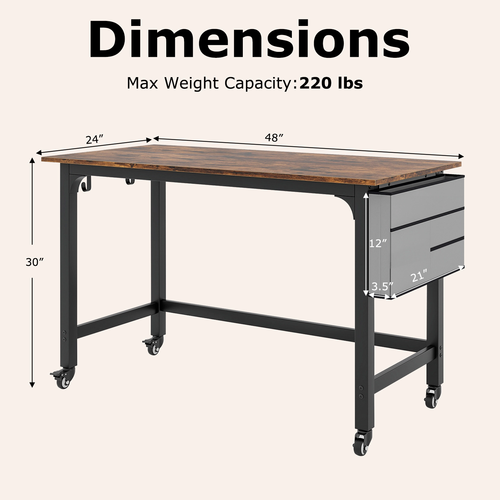 SUGIFT 48-Inch Rolling Computer Desk, Rustic Brown, 220-lb Capacity, Locking Wheels and Storage Bag
