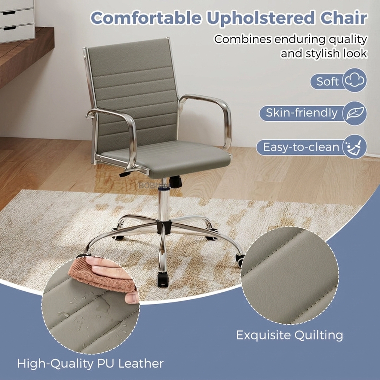SUGIFT 330-lb Capacity Grey Ribbed PU Leather Rolling Desk Chair with S-Shaped Backrest and Rocking Function