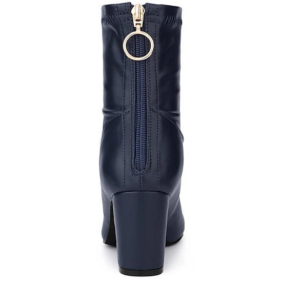 BLISSFUL STEP Women Pointy Toe Back Zip Chunky Heel Ankle Boots