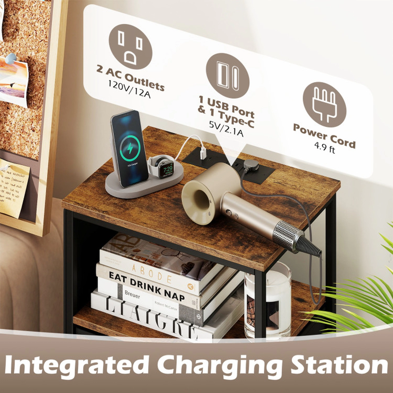 SUGIFT Nightstand Integrated Charging Station Modern Bedside Table 123-Lb Tabletop Capacity 39.4-in Tall Rustic Brown +