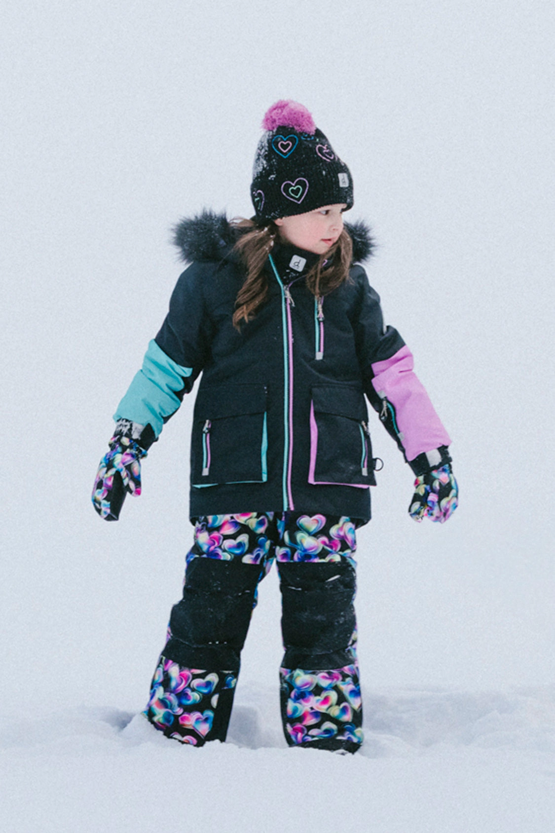 Deux par Girls Colorblock Two Piece Play Snowsuit with Hooded Jacket and Heart Print Snow Pants