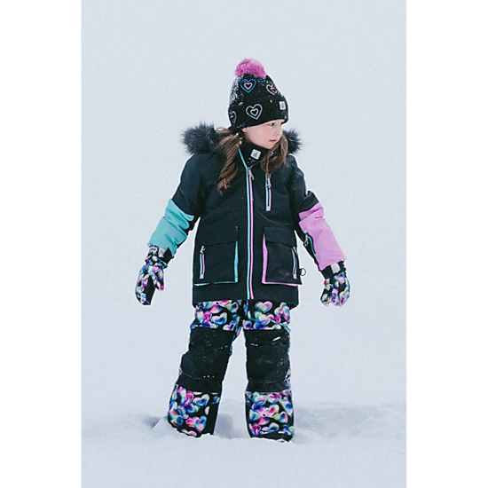 Deux par Deux Girls Colorblock Two Piece Play Snowsuit with Hooded Jacket and Heart Print Snow Pants