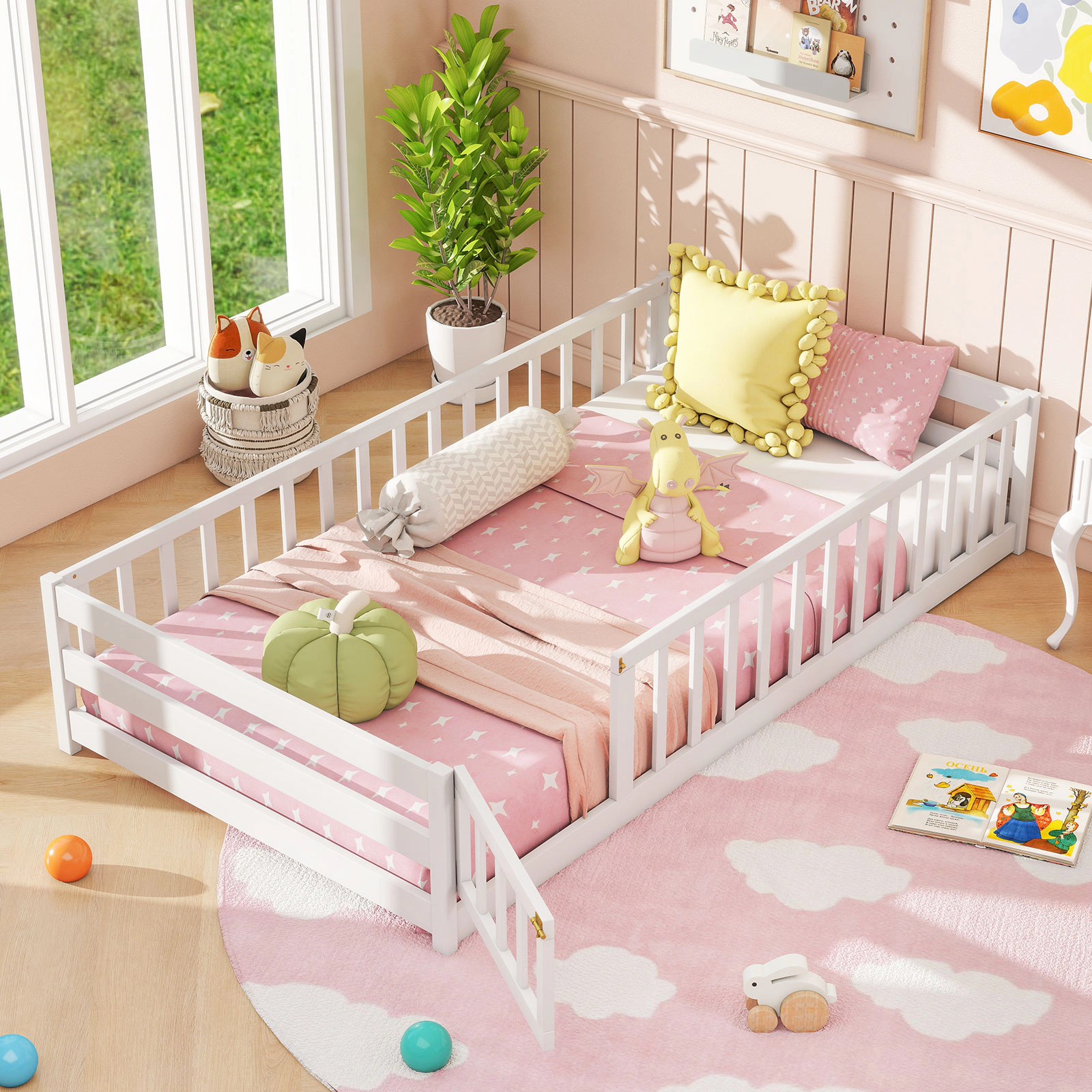 SUGIFT Lockable Door and Full-Length Fence Pine Wood Twin Kids Montessori Floor Bed
