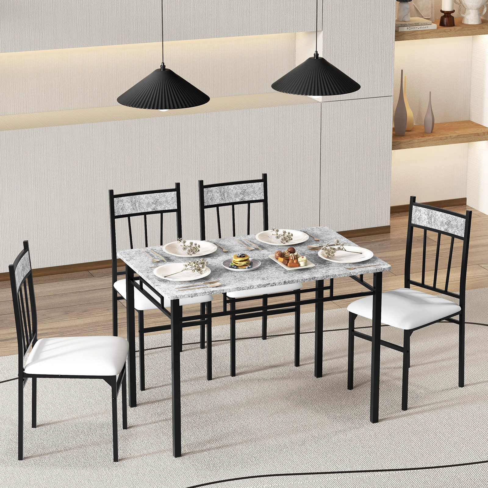 SUGIFT 5 Piece Dining Set Faux Marble Table and 4 Chairs with Steel Frame