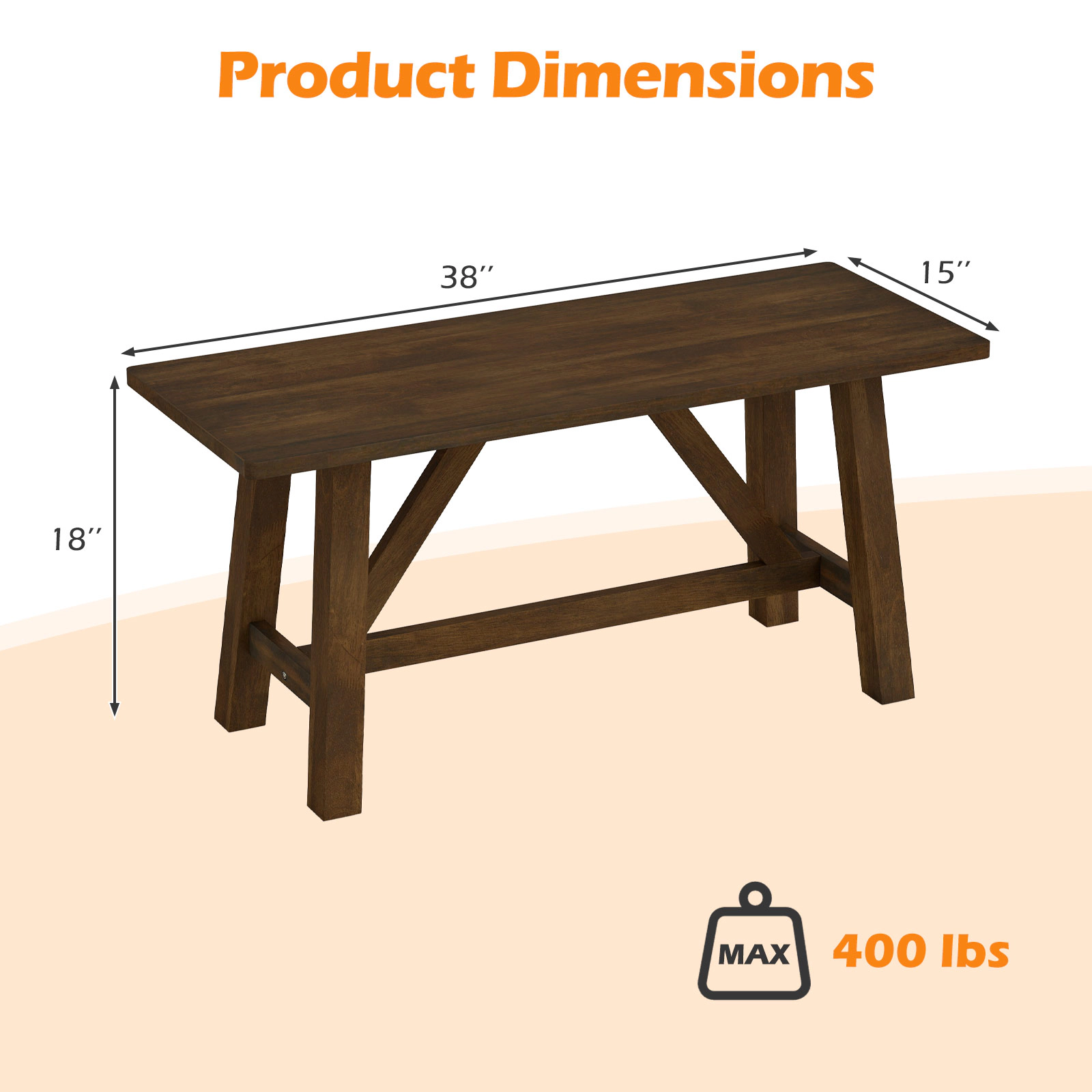 SUGIFT Compact 38-in Wooden Entryway Bench Farmhouse Dining Bench 400-lb Capacity Brown Rubber Wood 1-Piece