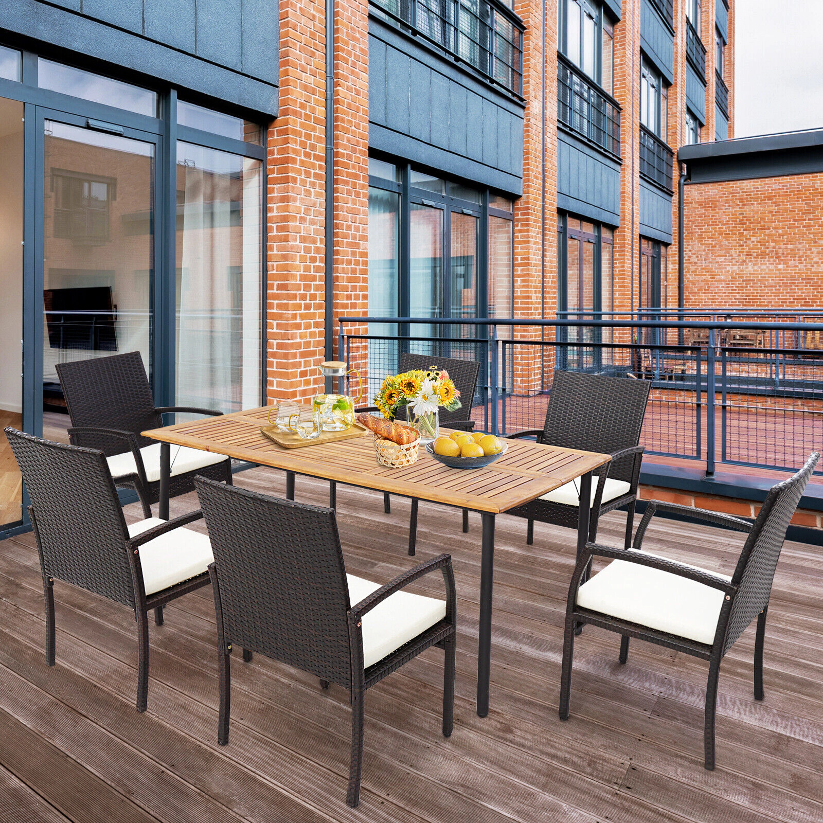 SUGIFT Set of 4 Brown Hand-Woven PE Wicker Outdoor Patio Dining Armchairs with Zippered Seat Cushions