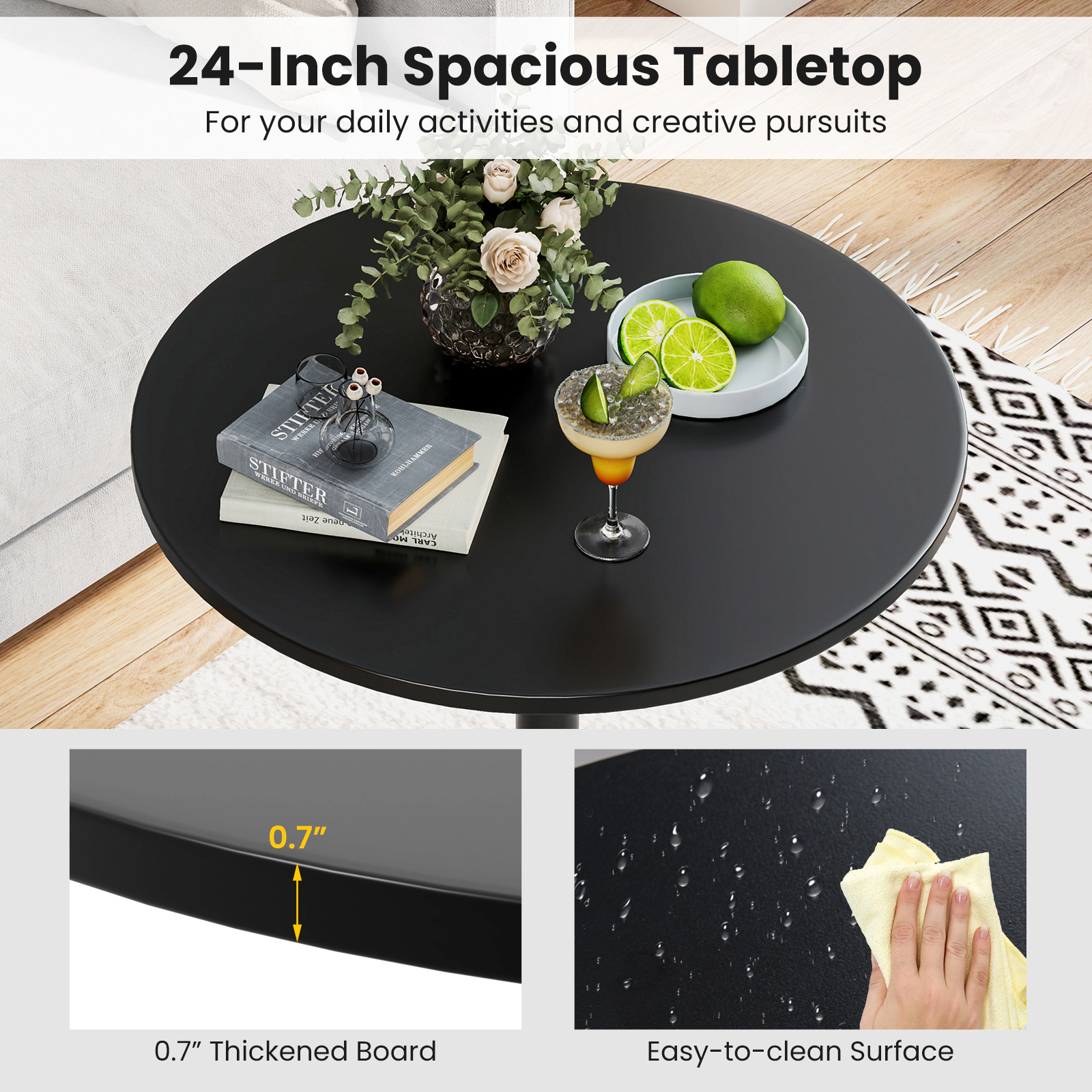 SUGIFT 24-in Round Modern Cocktail Bistro Table with Metal Base and MDF Top 265-Lb Capacity 40-in Tall Set of 2 Black