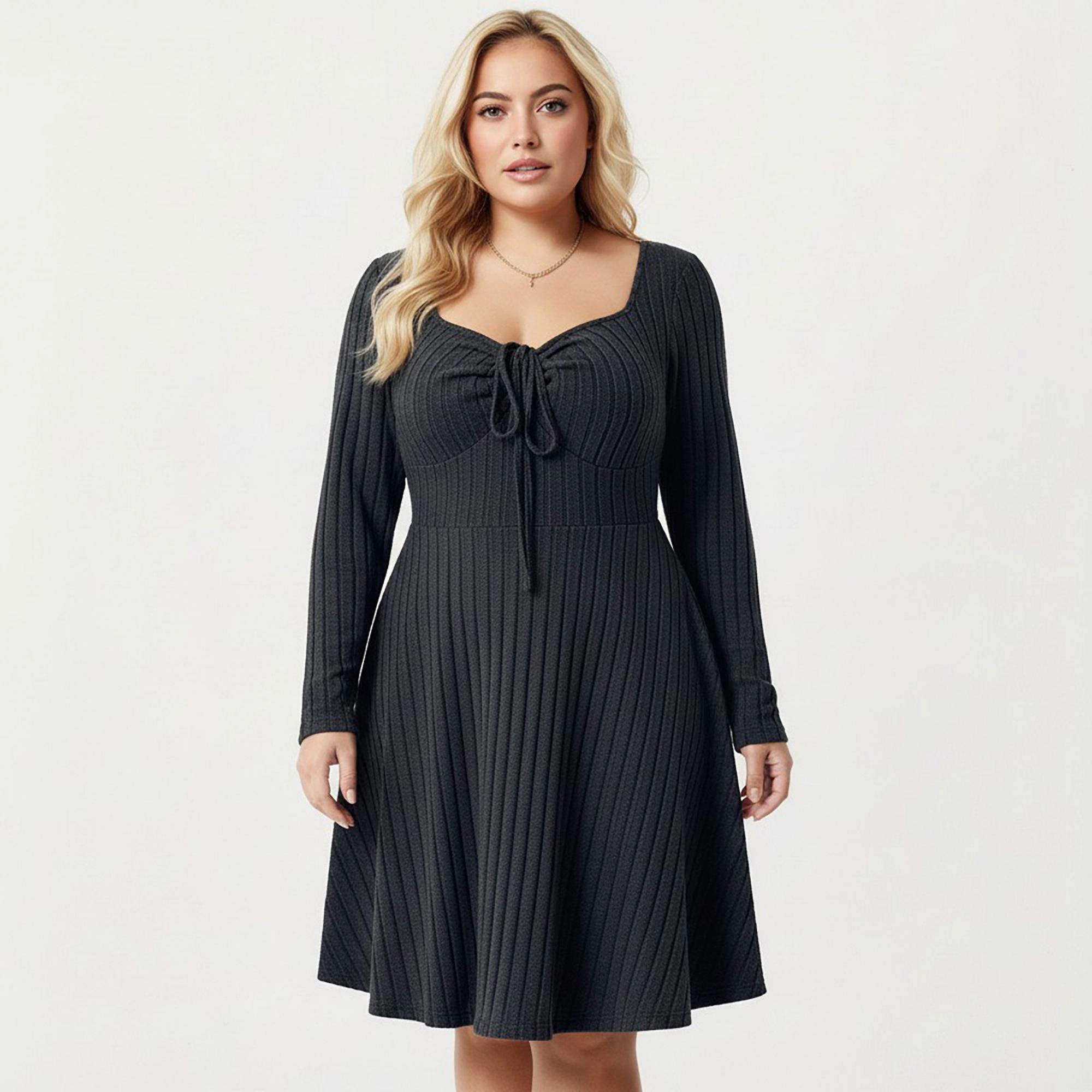 Anna-Kaci Women's Plus Long Sleeve Ribbed Tie Front Flared Skirt Knit Dress