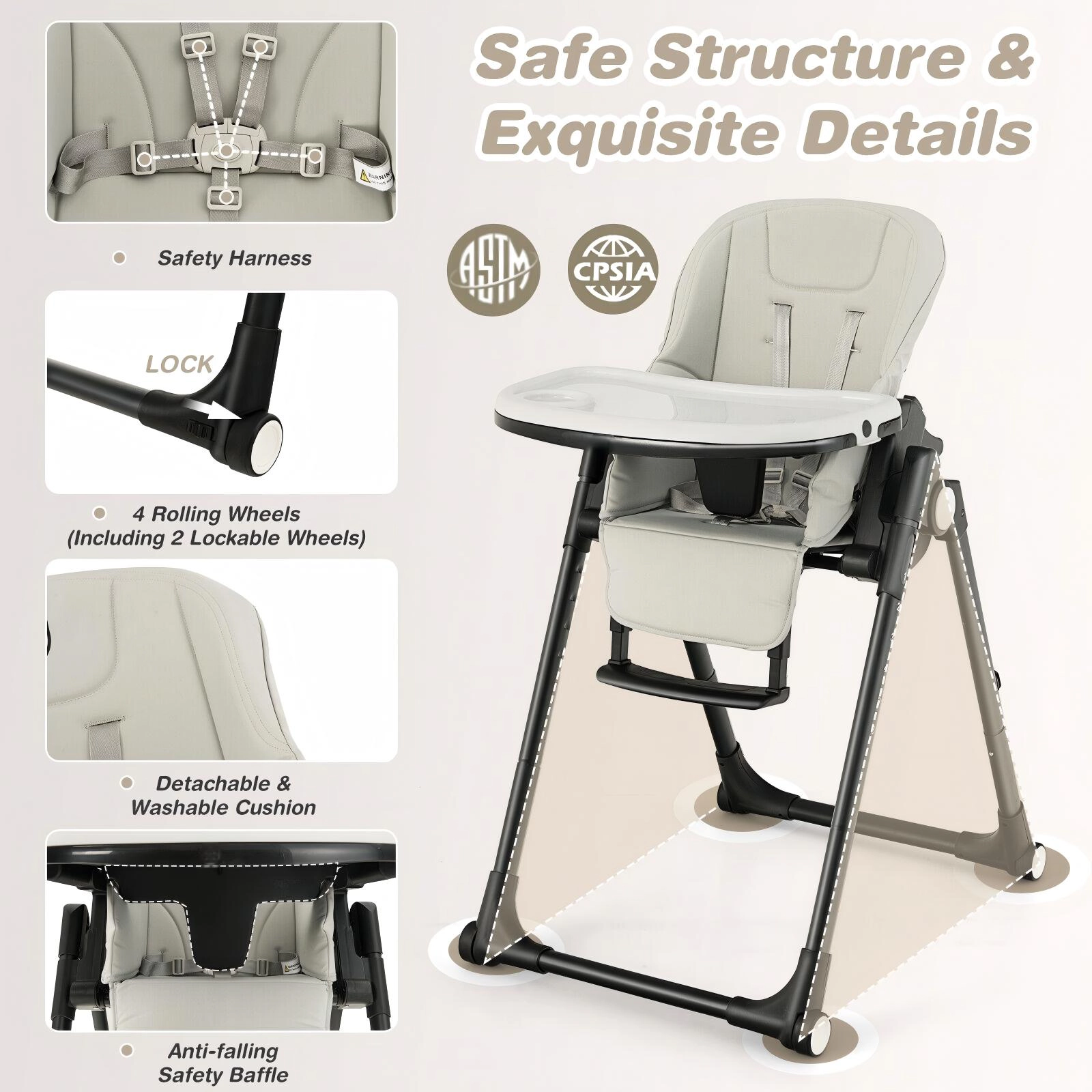 SUGIFT Gray 6 Adjustable Heights Aluminum Frame and Rolling Wheels 4-in-1 Baby High Chair