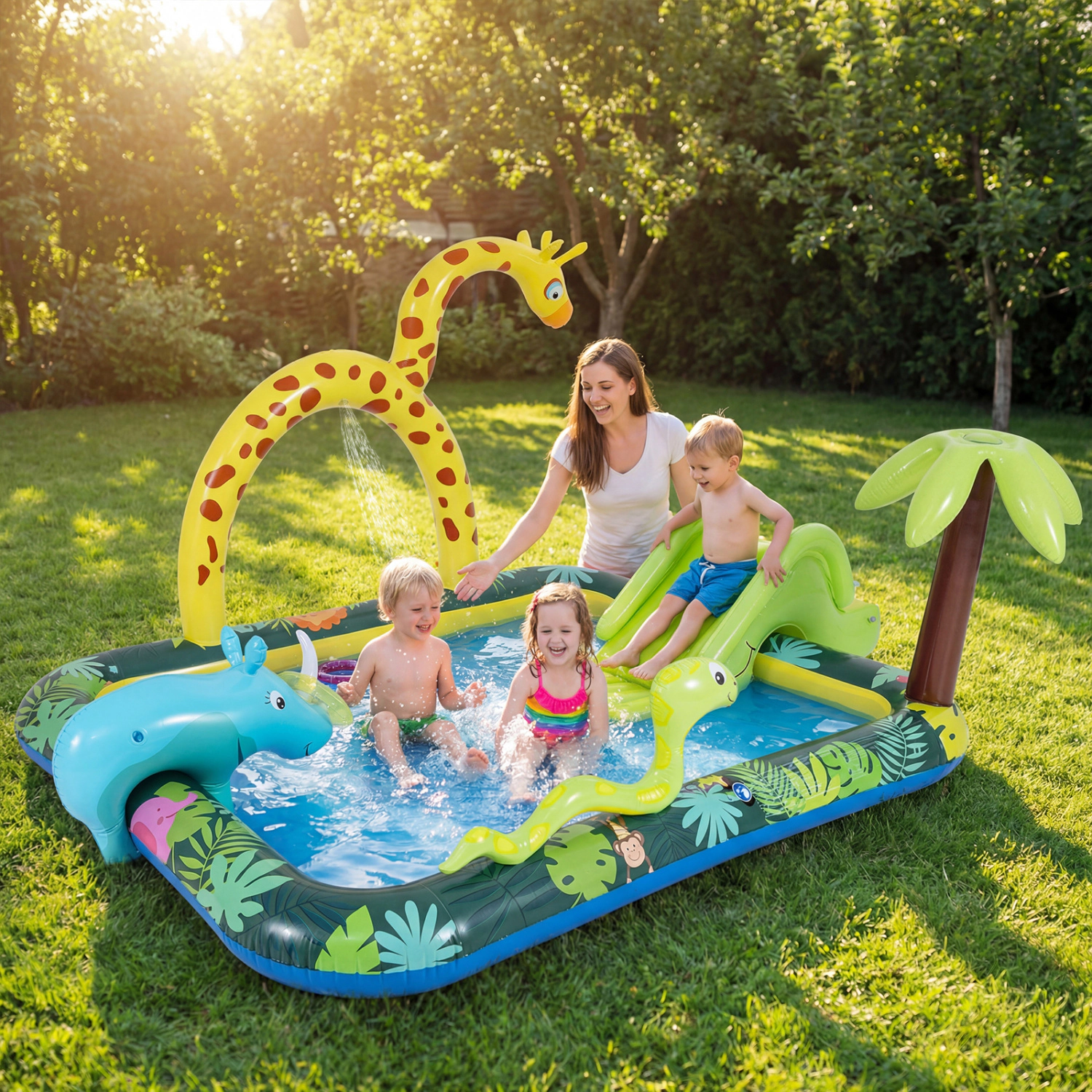LJG Kids Inflatable Play Center Jungle Animal Spray Pool with Slide Giraffe-Shaped Sprinkle