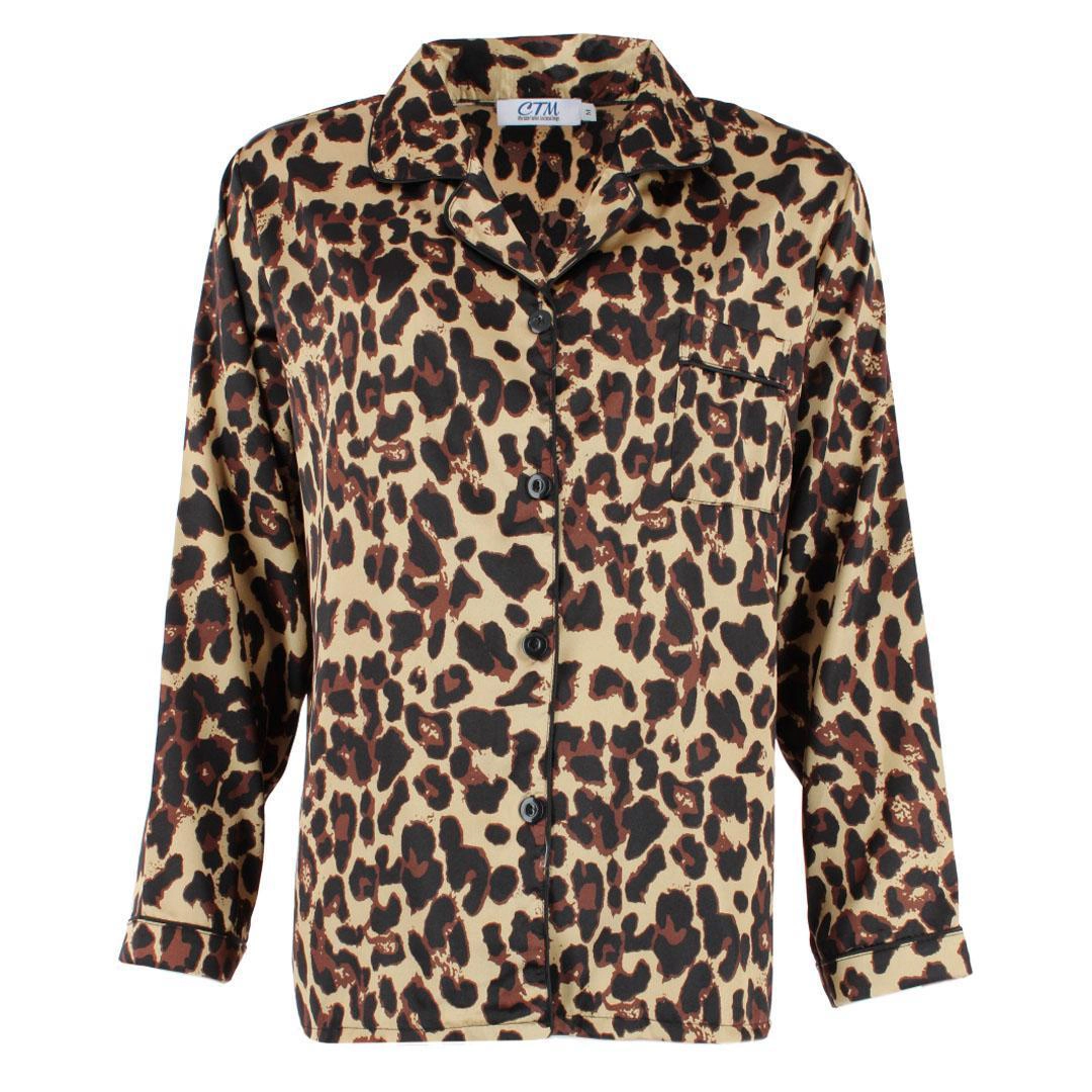 CTM Women's Leopard Print Satin Long Sleeve Pajama Set