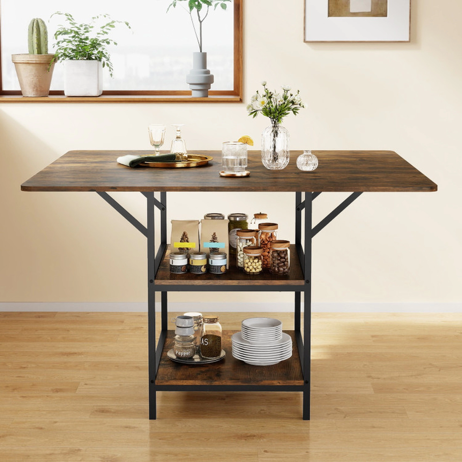 SUGIFT 47-in Rectangular Dining Table 2 Open Storage Shelves 155-lb Tabletop Capacity for 4-6 People Rustic Brown/Black