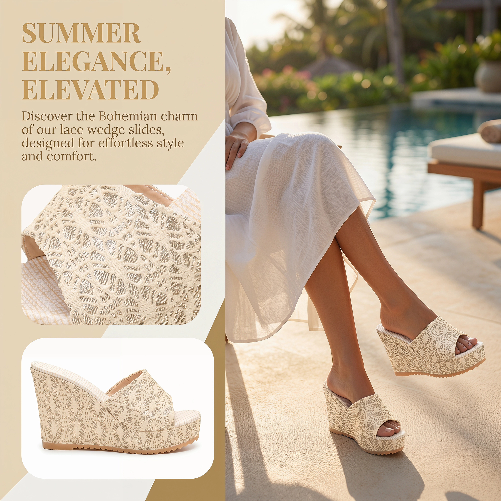 BLISSFUL STEP Women's Breathable Embroidered Wedge Platform Peep-toe Slip Sandals