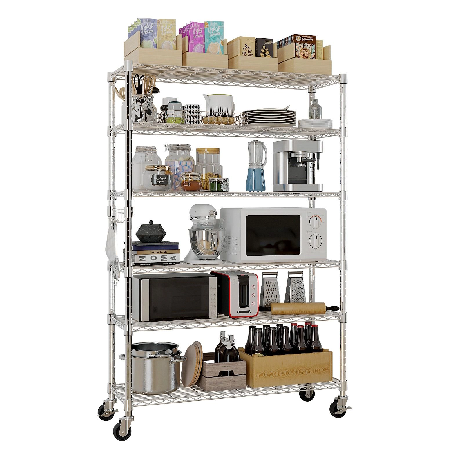 Flynama 6 Tier NSF Wire Shelving with Wheels 48 in W x 18 in D x 72 in H Heavy Duty Adjustable Silver