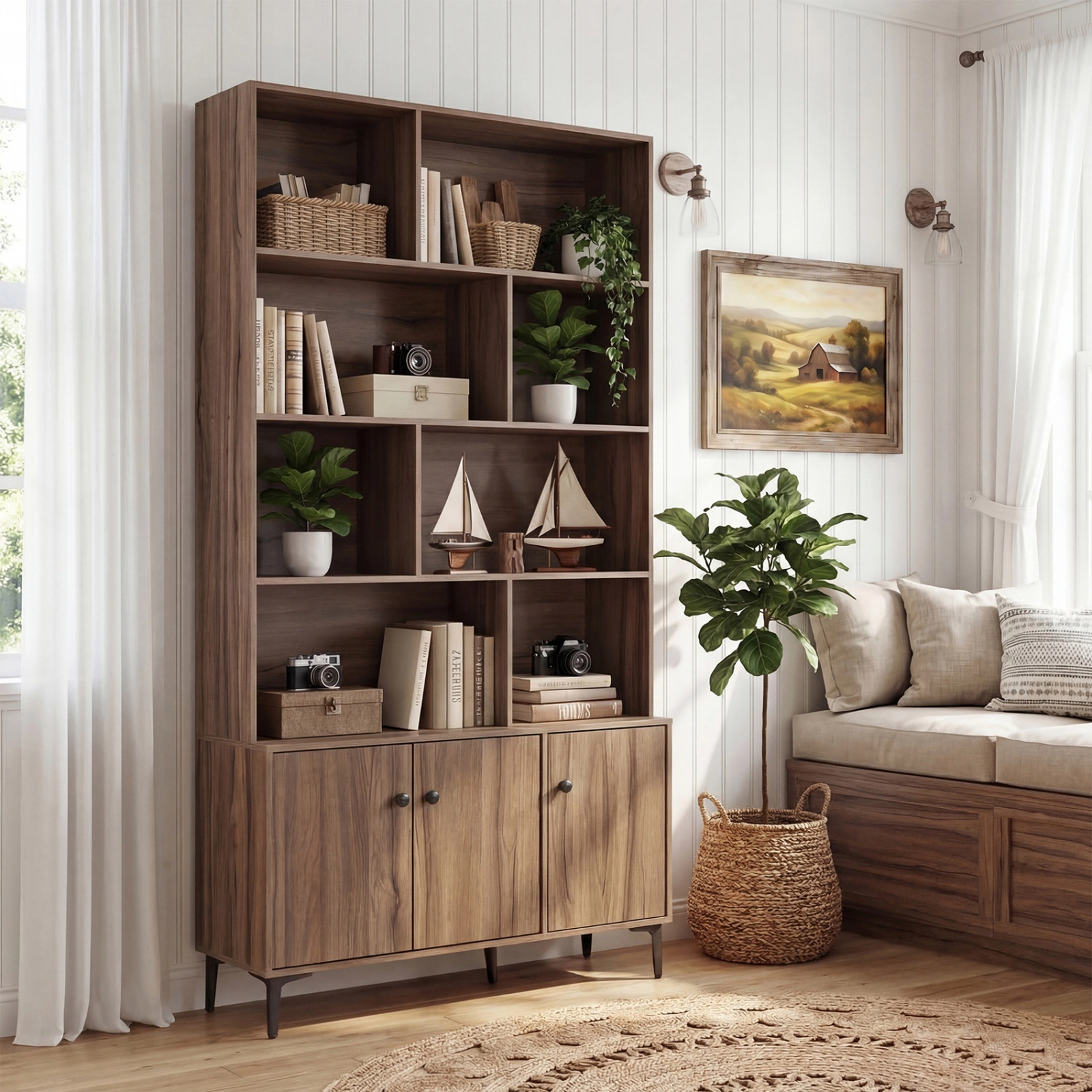 SUGIFT 68.5-in Tall Bookshelf with 3 Doors Open Shelves & Enclosed Cabinet 22-lb Shelf Capacity Home Office Walnut/White
