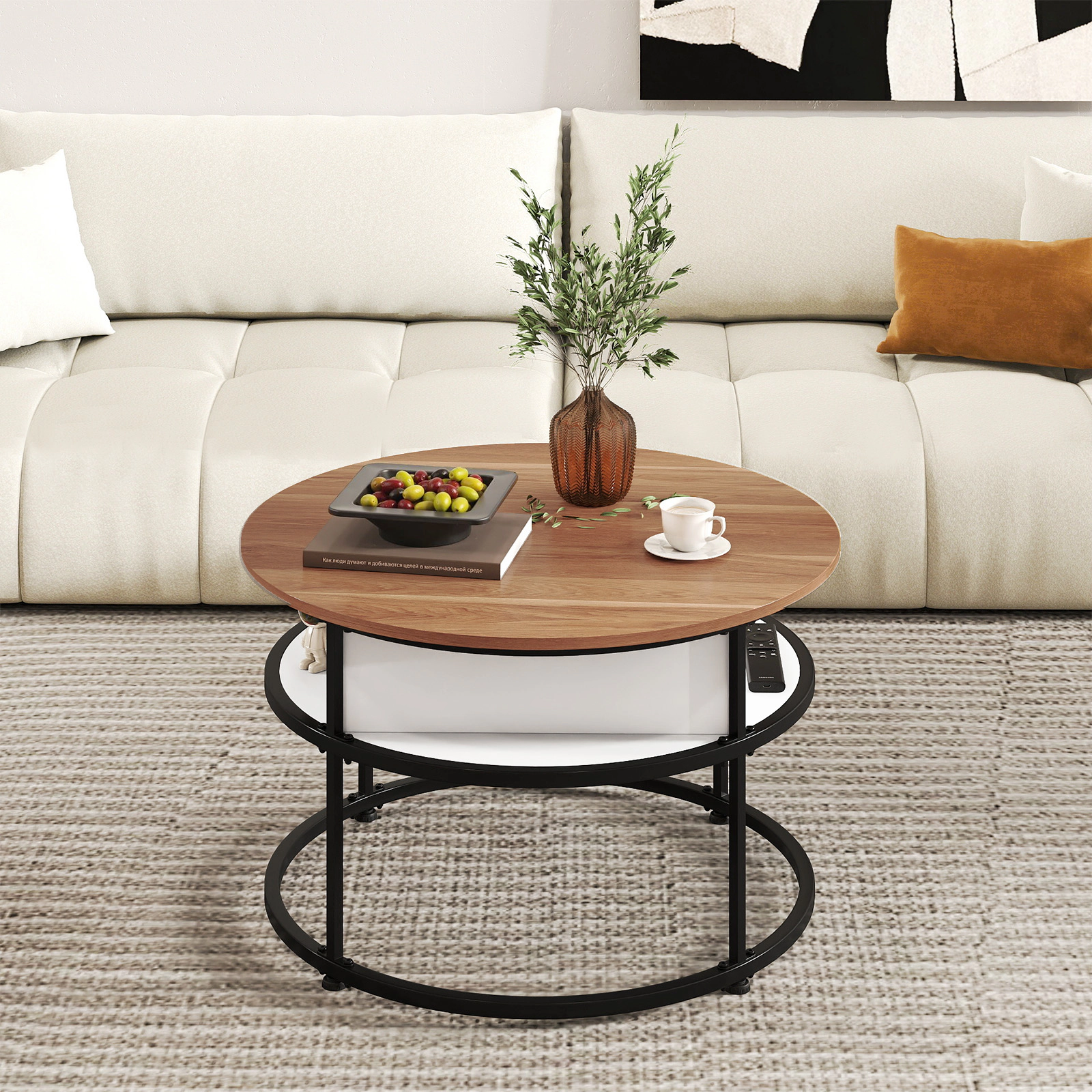 Glintex 31.5-Inch Round Lift-Top Coffee Table with 4 Side Shelves