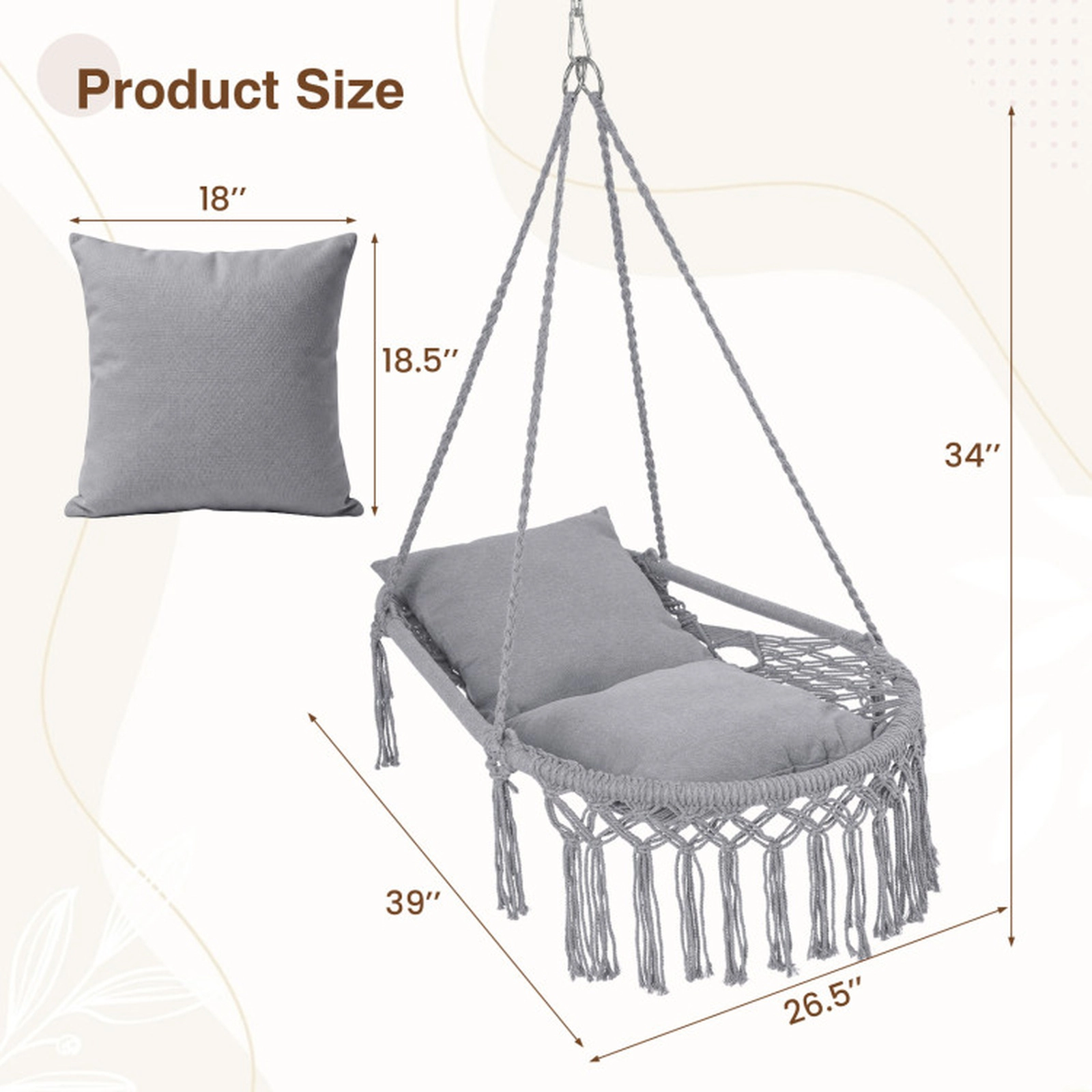 SUGIFT Gray Macrame Hanging Chair Swing with Removable Cushions and Boho Fringe