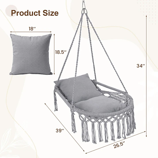 SUGIFT Gray Macrame Hanging Chair Swing with Removable Cushions and Boho Fringe