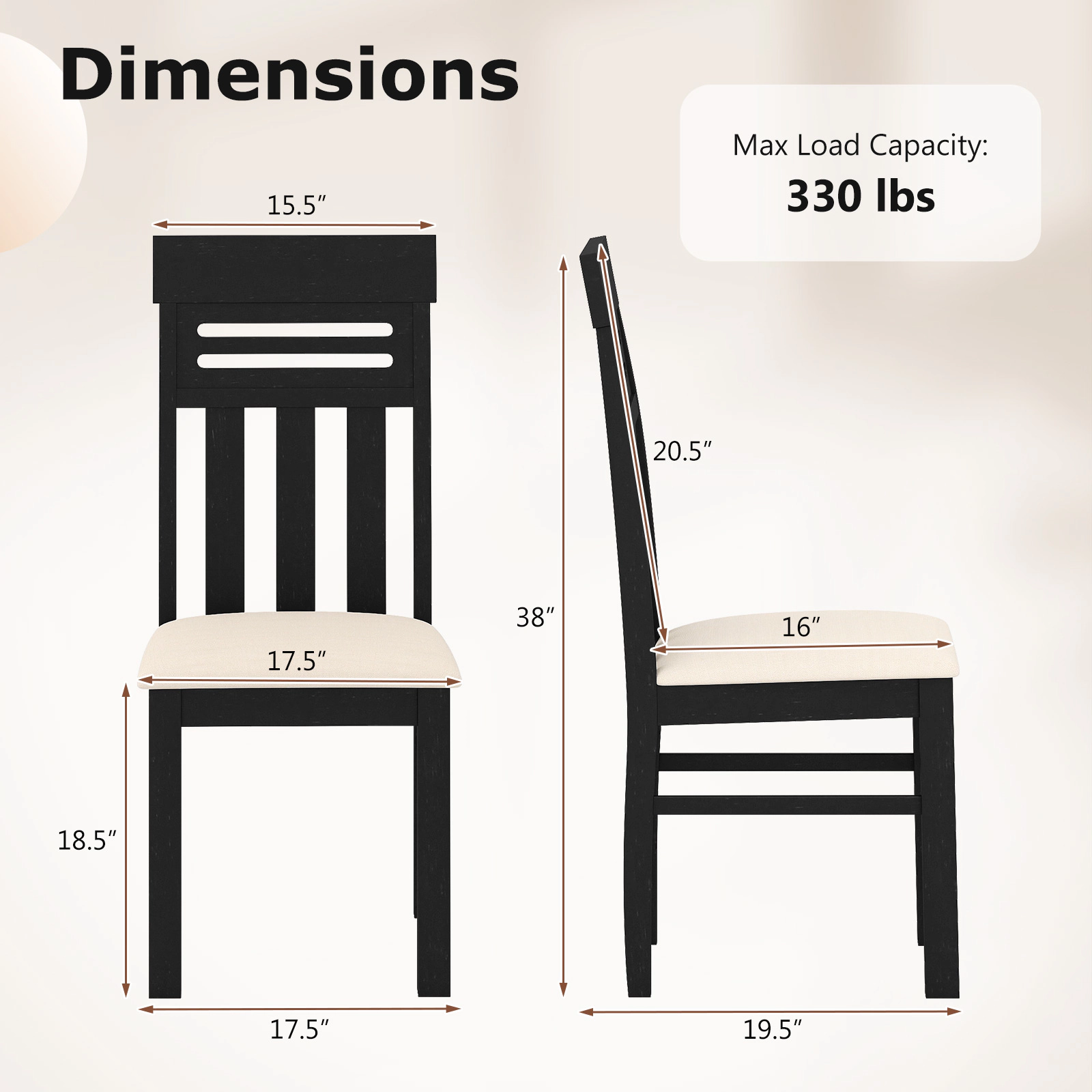 SUGIFT Ergonomic High Back Rubber Wood Dining Chairs with PU Leather Seat 330-Lb Capacity Set of 2 Black