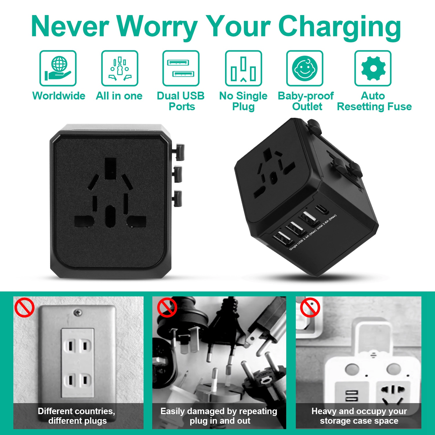 GBruno 4-Port International Travel Power Adapter
