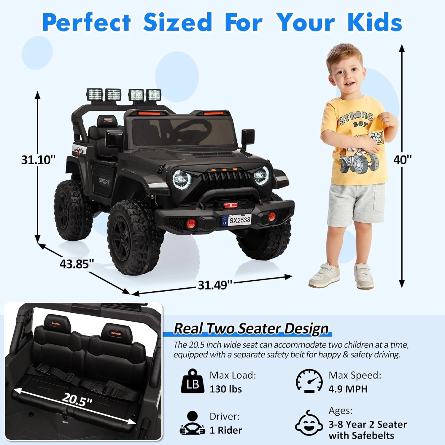 Enjyam 24V 2-Seater Kids Ride On Truck, Electric Car with 4WD 800W Motor,Parent Remote Control,3 Speeds&Music Player
