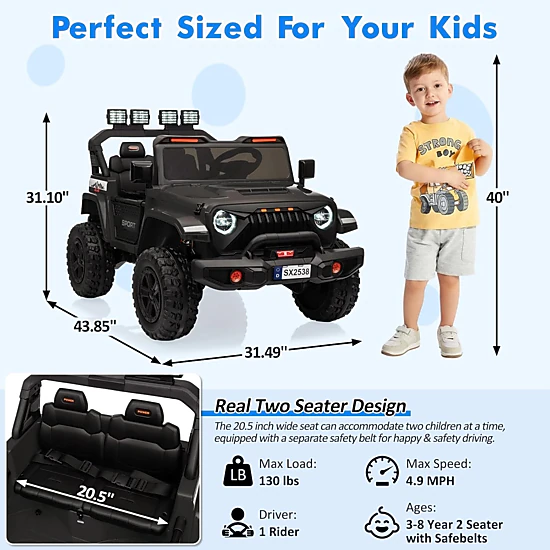 Enjyam 24V 2-Seater Kids Ride On Truck, Electric Car with 4WD 800W Motor,Parent Remote Control,3 Speeds&Music Player