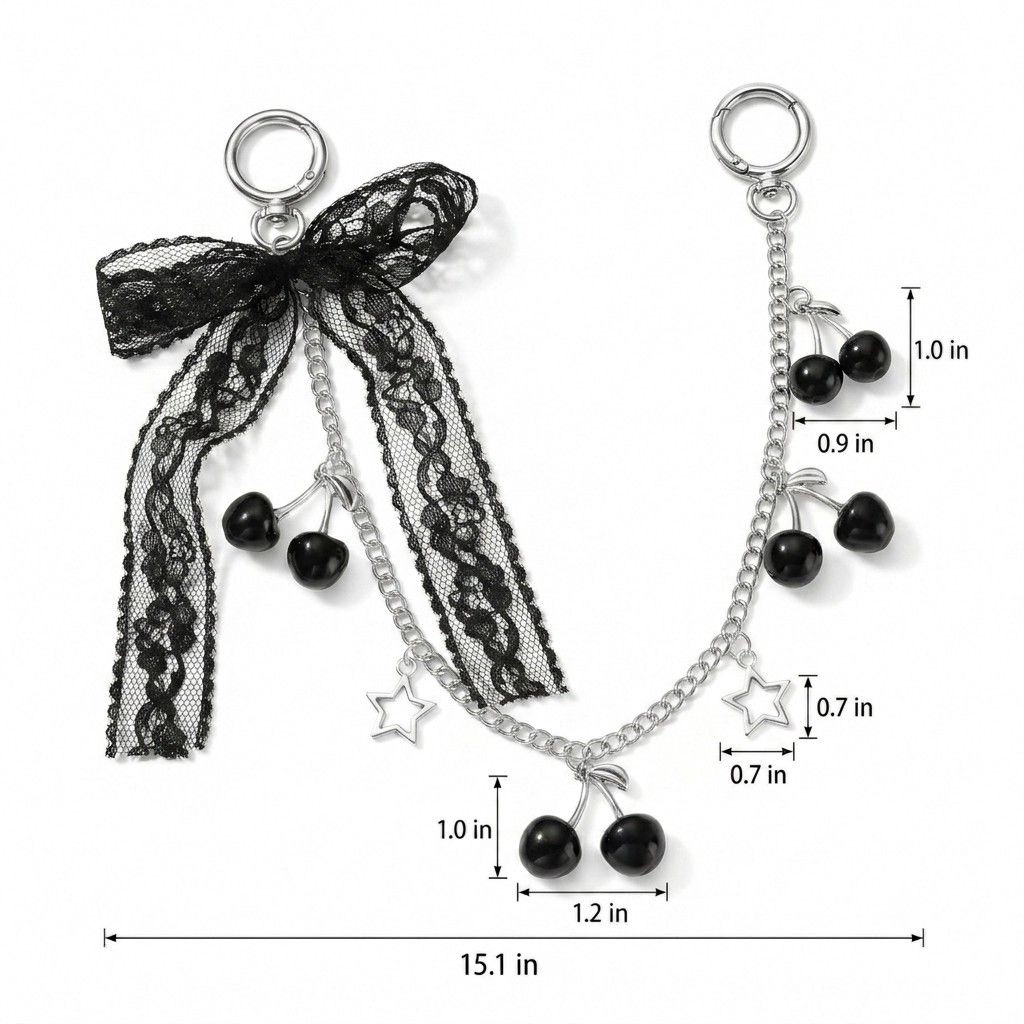 Alilang Women's Lace Bow Cherry Bag Chain Charm with Heart Accents and Double Ring Clasps, Red