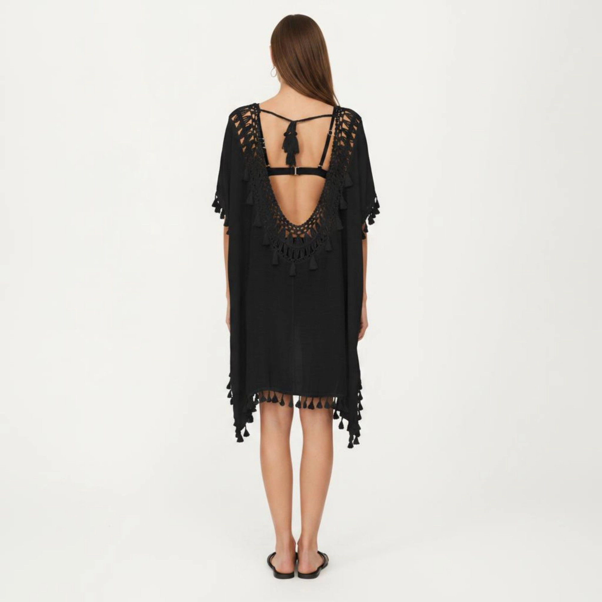 Anna-Kaci Women's Sheer Crochet V Neck Swim Cover Up Poncho with Tassel Trim and Flowy Silhouette