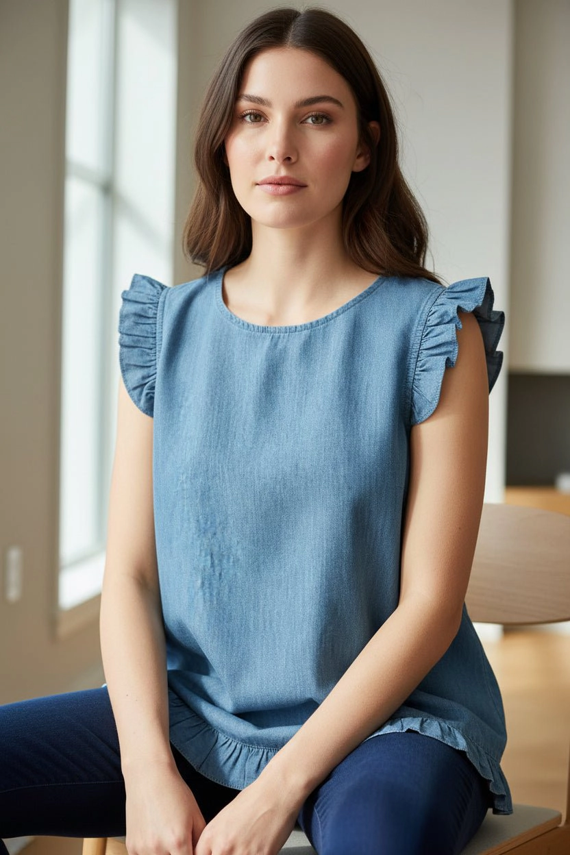 DressAtR Women's Blue Denim Ruffle Sleeveless Round Neck Back Button Blouse