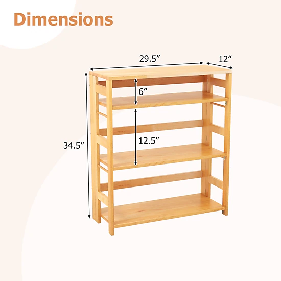 Hivvago 4-Tier Rubber Wood Bookshelf with Side Fences for Living Room