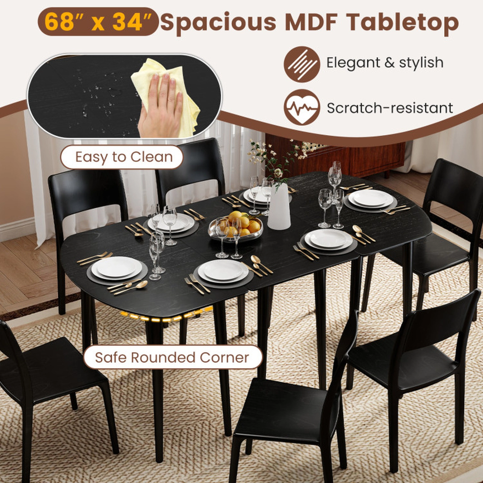 SUGIFT 68-in Modular Expandable Dining Table Set for 6 to 8, 1 Rectangular and 2 Half-Round Tables