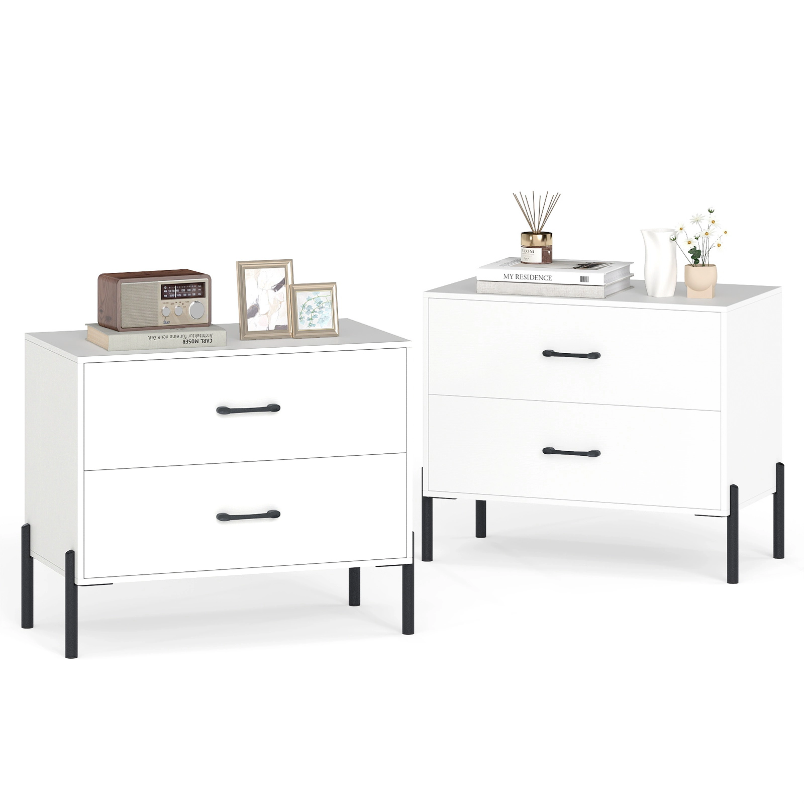 Glintex 2-Piece 2-Drawer Dresser Set with Metal Legs and 2 Anti-Tipping Kits, White