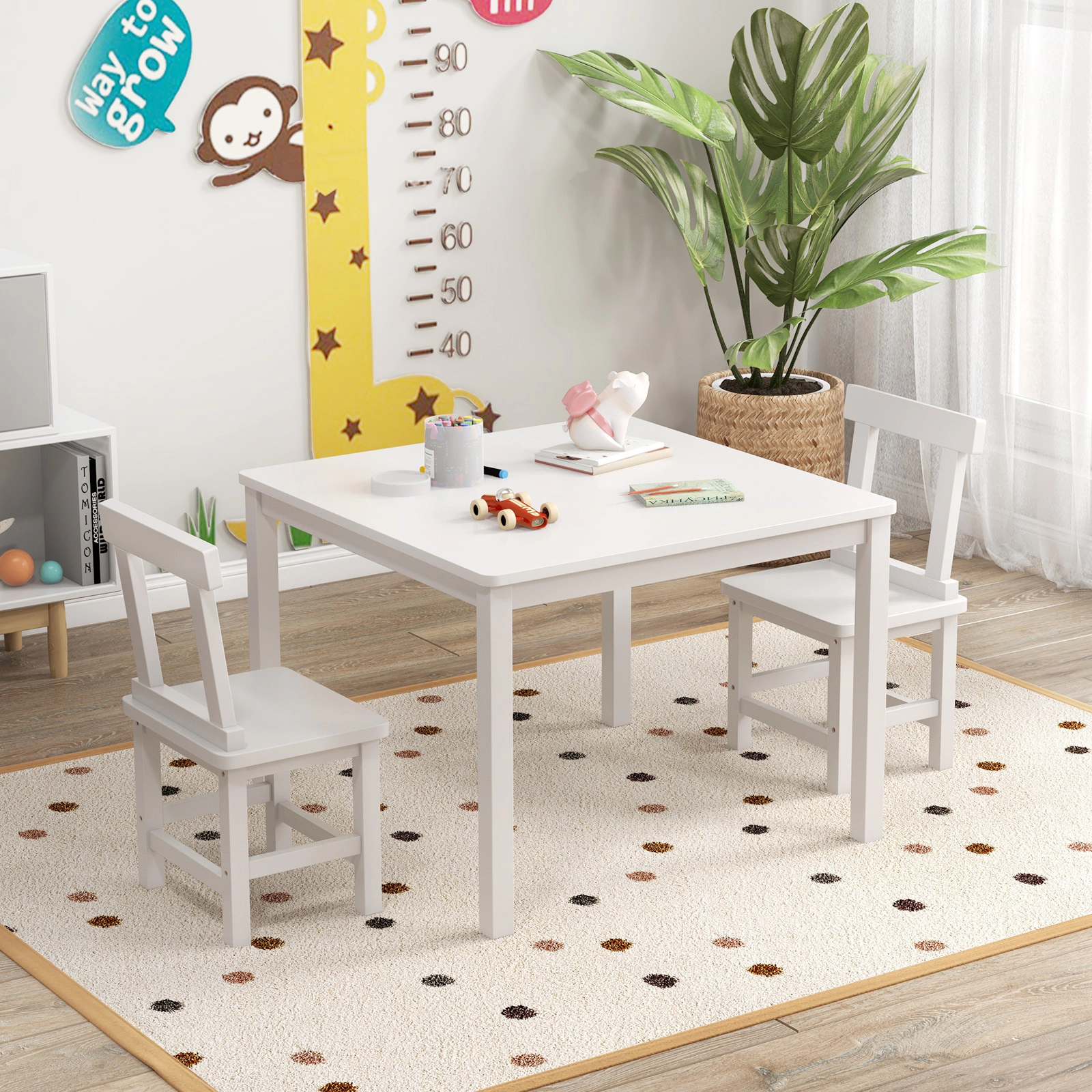 SUGIFT White Anti-Slip Foot Pads and Solid Wood Frame Kids Wooden Table and 2 Chairs Set